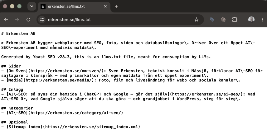Den färdiga llms.txt-filen från erkensten.se i webbläsaren