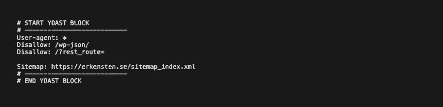 Innehållet i robots.txt på erkensten.se visat i webbläsaren, med Yoast-blocket och sitemap-raden